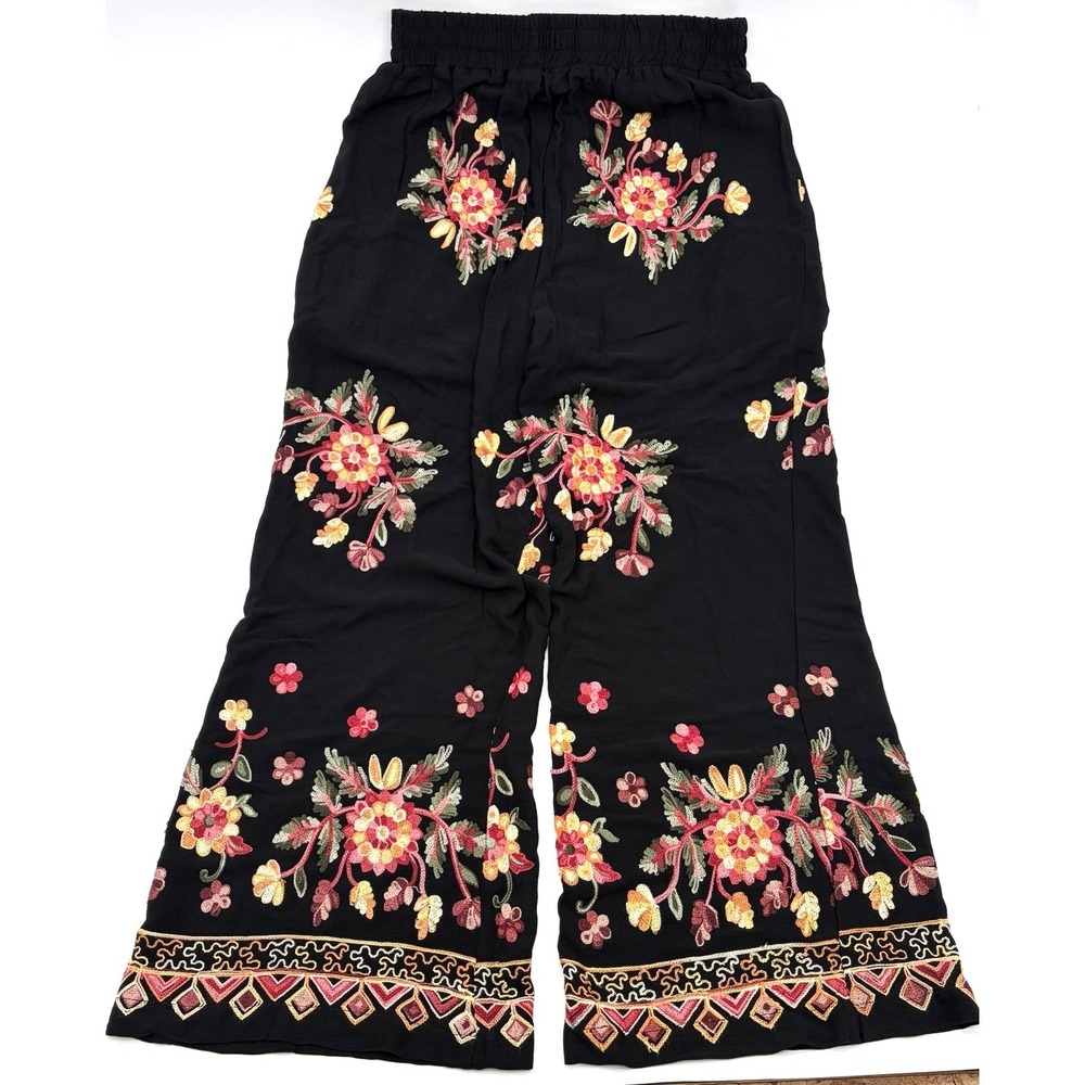 Liv Los Angeles Anthropologie Embroidery Palazzo Pants Floral Boho Black PM - Picture 2 of 10